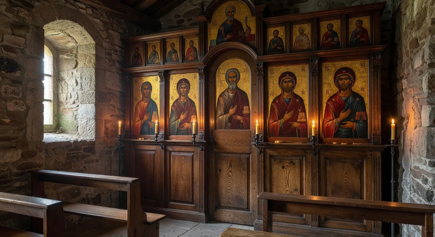 Facade d'une eglise orthodoxe en pierre avec croix doree et clocher