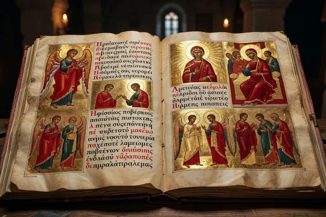 Page ancienne d'un manuscrit byzantin enluminé du texte de l'Acathiste, lettrine ornée et refrain en lettres grecques
