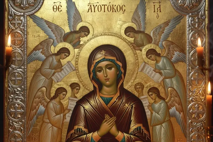 Icône de la Mère de Dieu entourée d'anges portant des rouleaux, riza d'argent et cierges devant l'icône