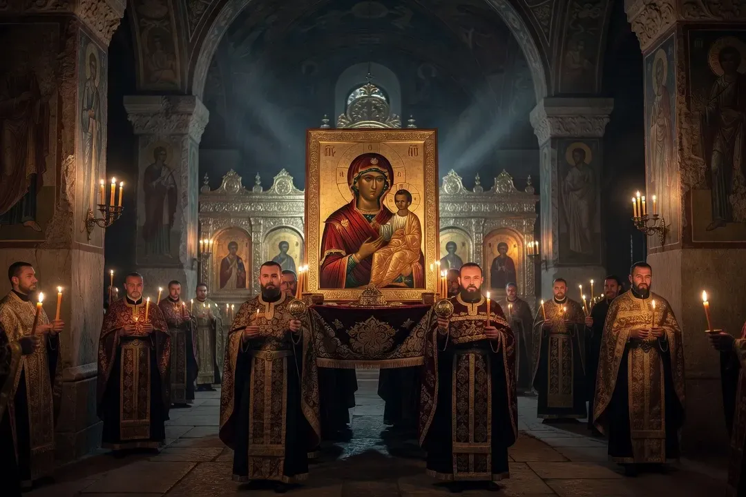 Procession nocturne dans une église orthodoxe : les clercs portent l'icône de la Mère de Dieu, cierges allumés