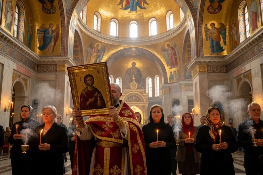 Calendrier liturgique orthodoxe ouvert avec annotations des grandes fêtes, plume et encre, ambiance monastique