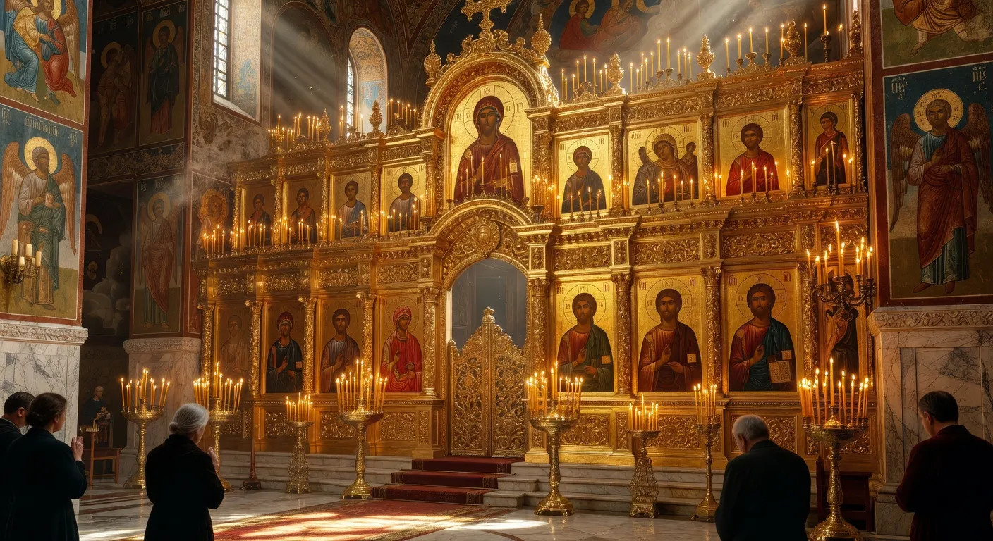 Atelier d'iconographe avec pinceaux, pigments mineraux, feuilles d'or et icone en cours de realisation
