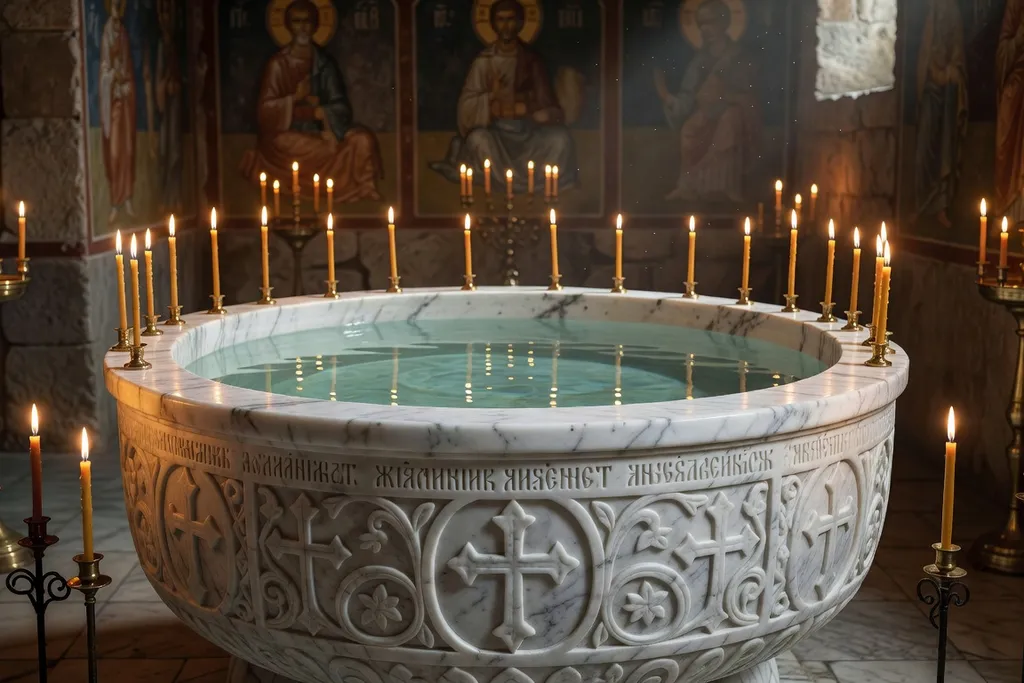 Fonts baptismaux orthodoxes en marbre blanc, eau claire, lumière tamisée, cierges allumés