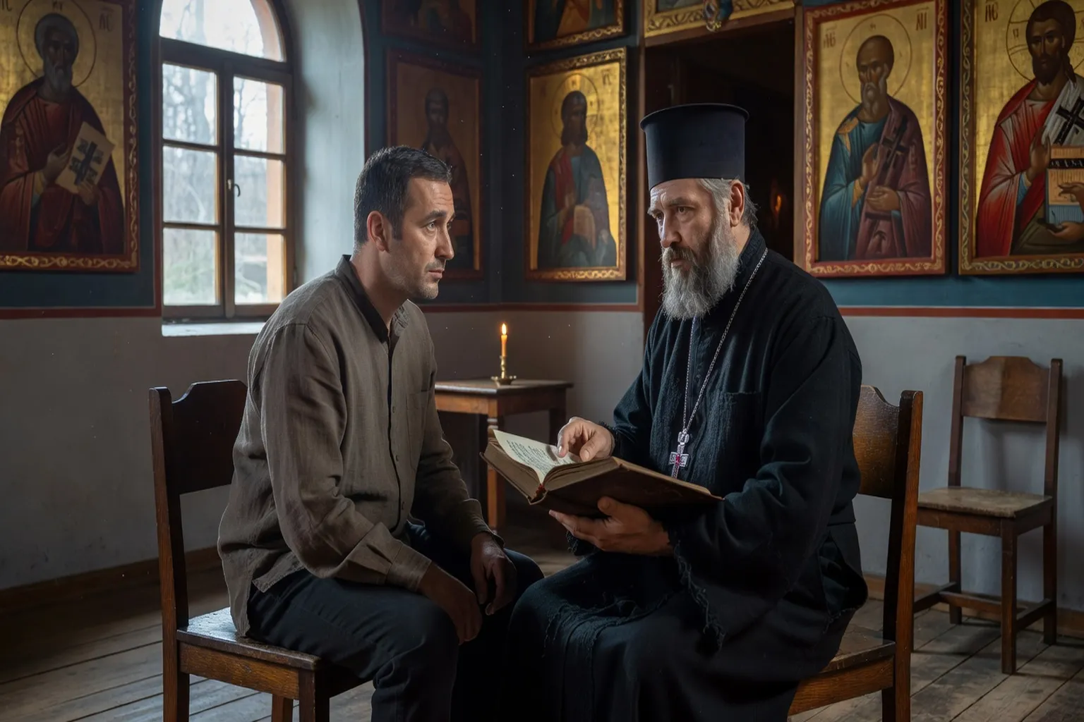Catechumene adulte recevant l'instruction d'un prêtre orthodoxe avant le bapteme