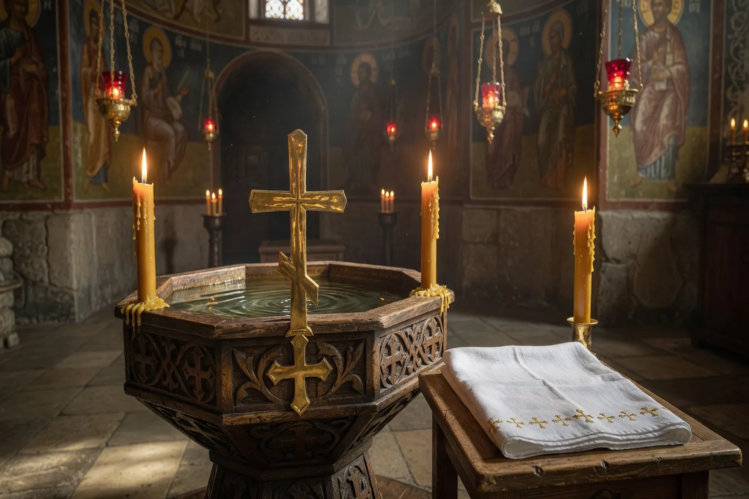 Cuve baptismale orthodoxe avec eau benie et trois cierges allumes