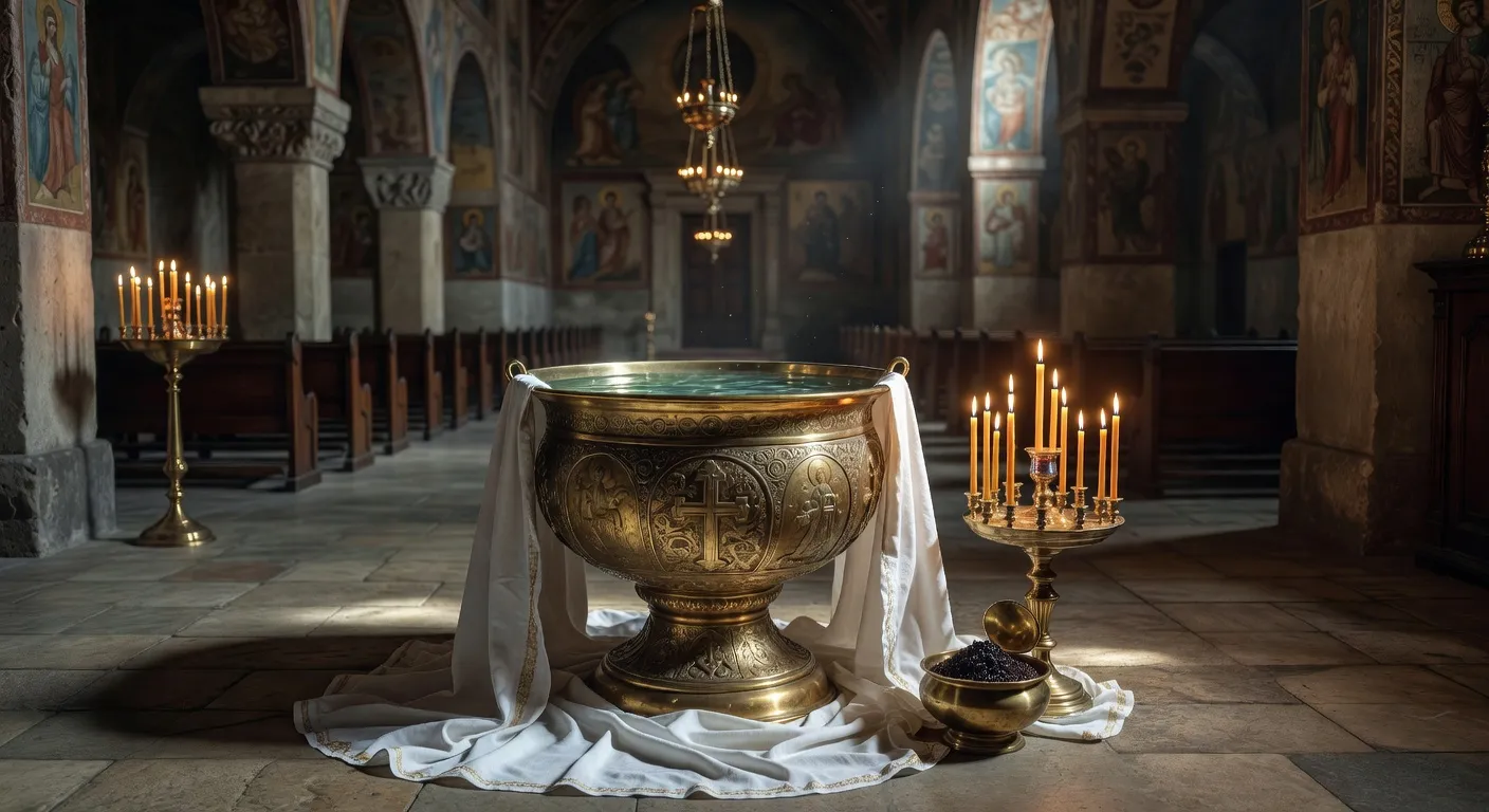 Fonts baptismaux orthodoxes en cuivre avec cierges allumes et icones autour