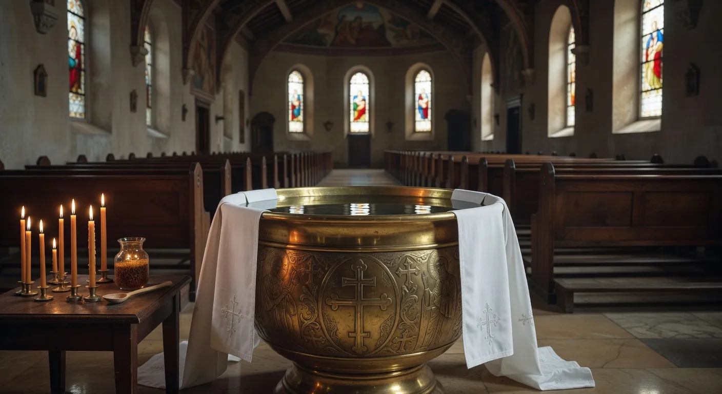 Fonts baptismaux orthodoxes remplis d'eau benite avec huile sainte et cierge pascal