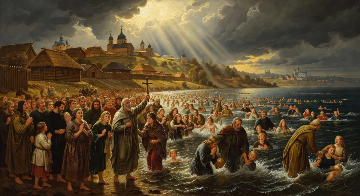 Scene du bapteme collectif du peuple de Kiev dans les eaux du Dniepr en 988