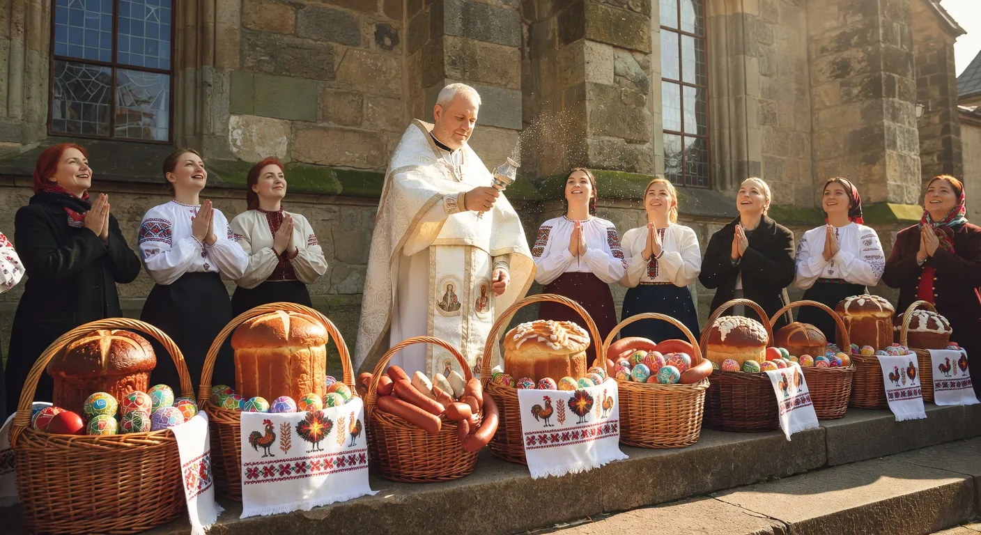 Familles ukrainiennes alignees devant une eglise avec leurs paniers pascaux couverts de rushnyky brodes