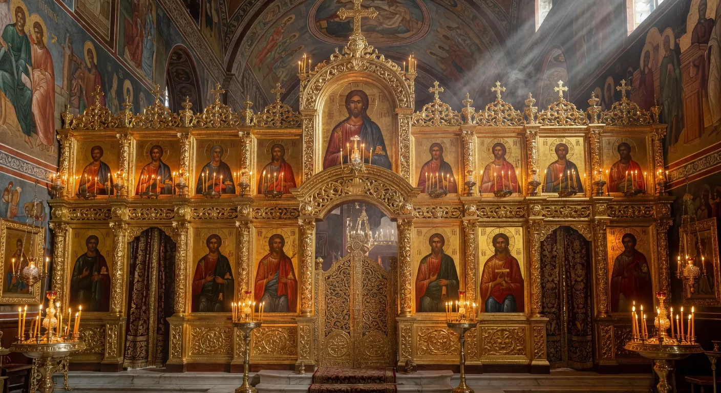 Bibliothèque d'un monastere orthodoxe avec manuscrits anciens et icones