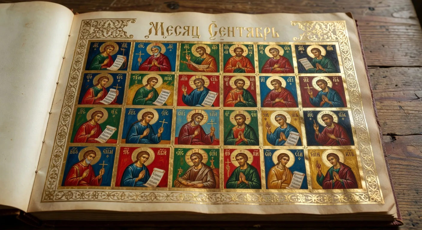Calendrier liturgique orthodoxe mural avec icones des saints et fetes de chaque jour