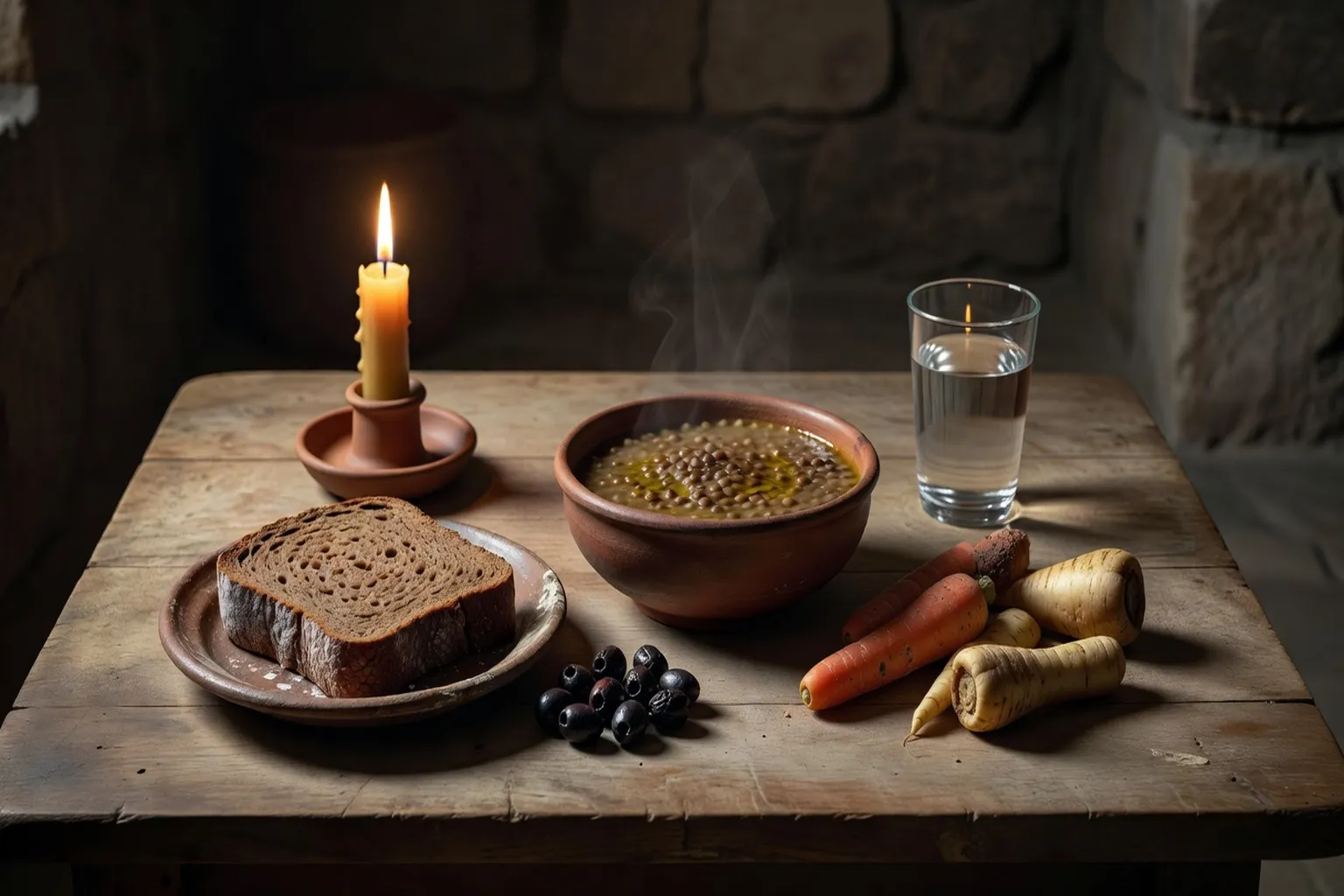 Repas monastique de carême avec pain noir, olives, lentilles et legumes secs