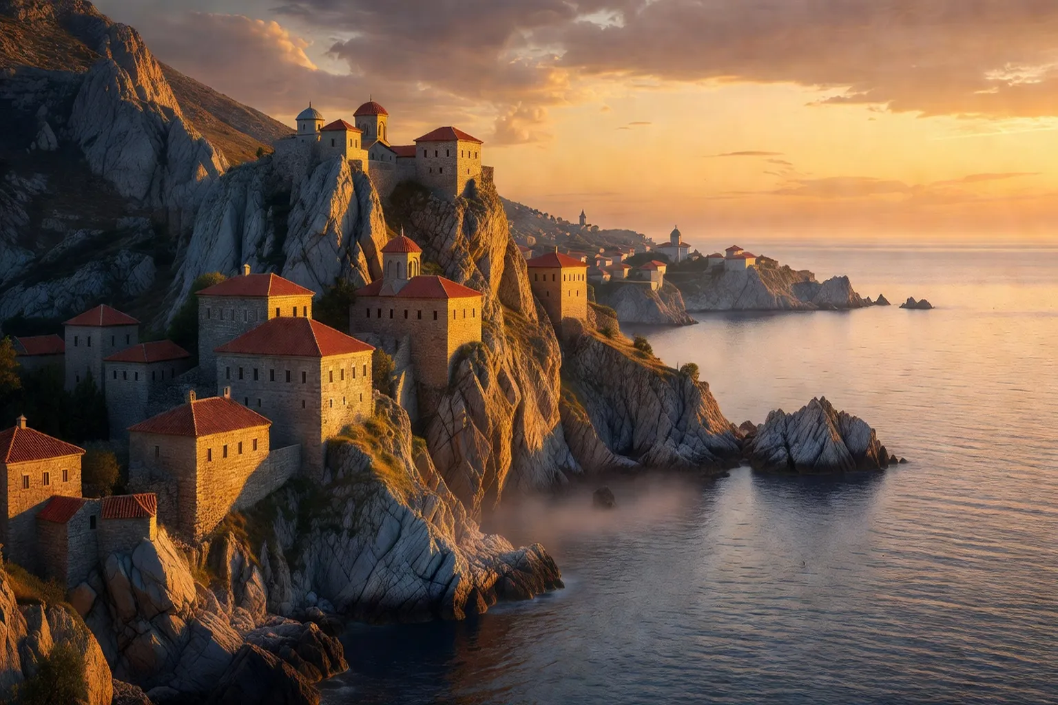 Vue de la Sainte Montagne depuis la mer Egee avec monasteres orthodoxes au crepuscule
