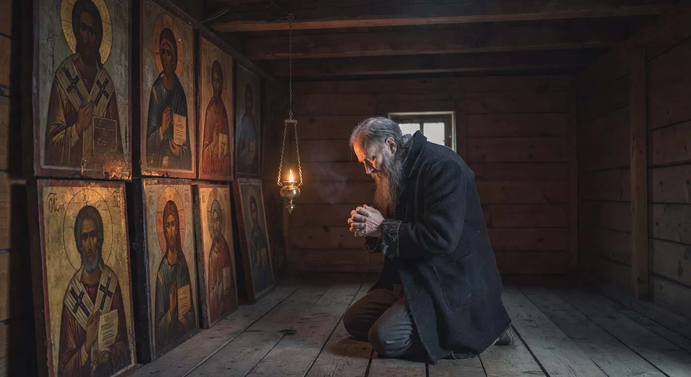 Fideles en priere dans une eglise russe pendant le Grand Careme, atmosphere recueillie avec cierges