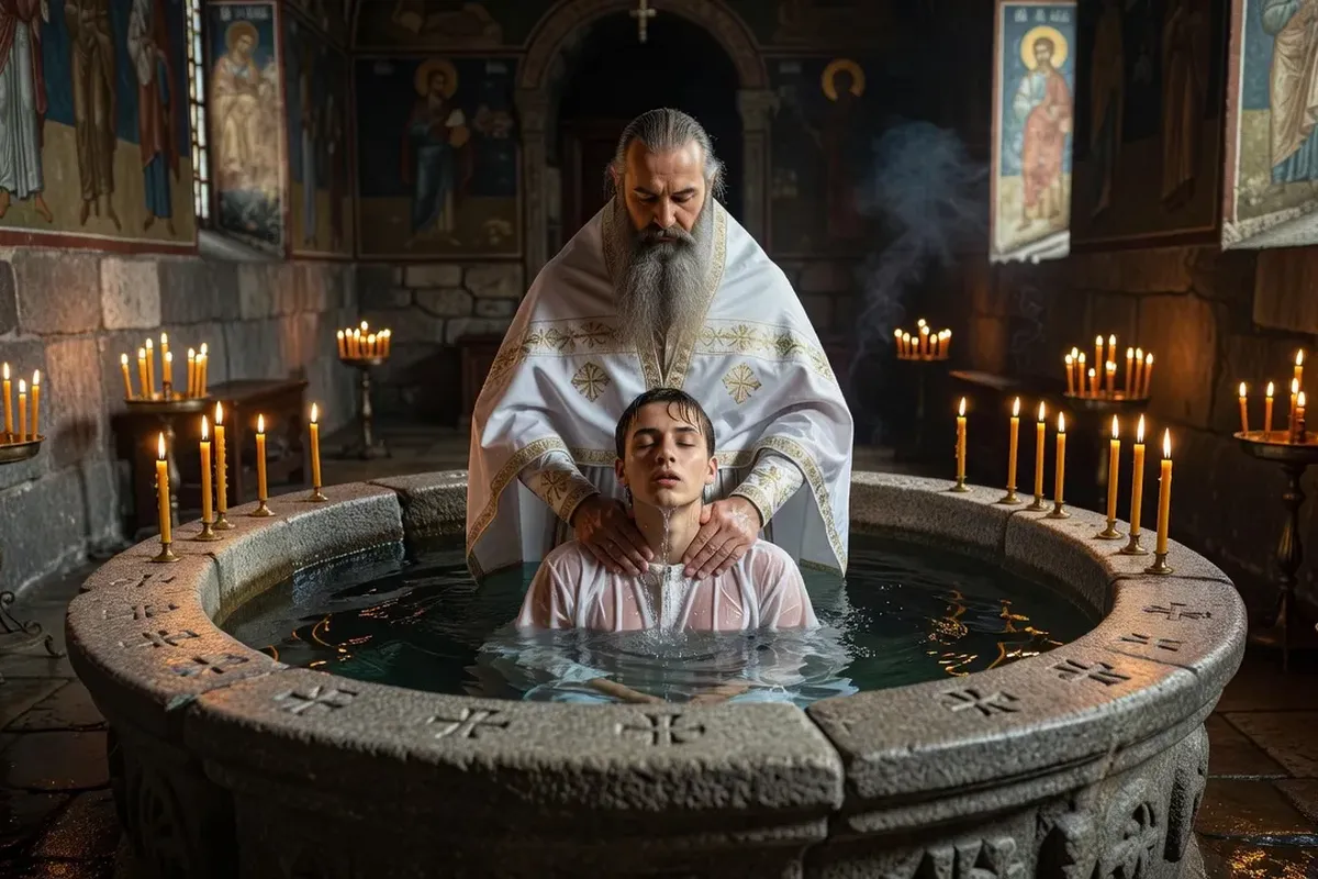 Fonts baptismaux orthodoxes avec l'eau bénite pour le baptême par immersion