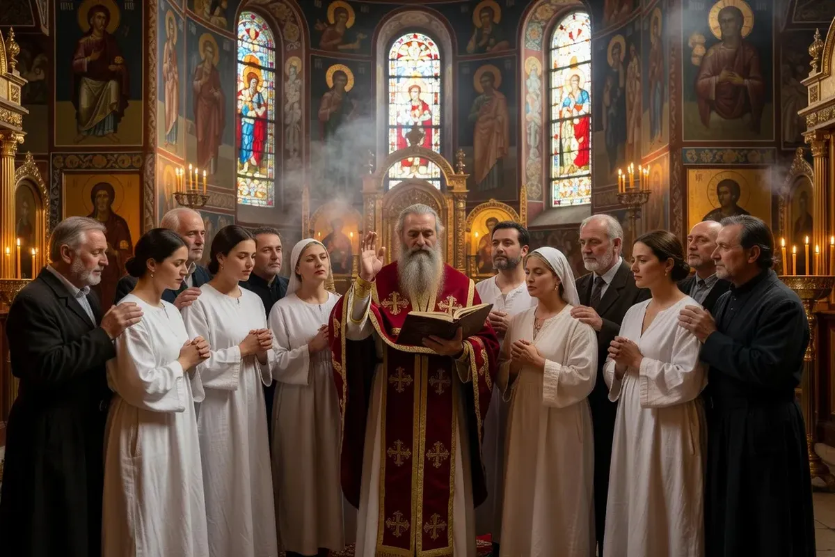 Cérémonie de chrismation orthodoxe après le baptême, le prêtre oint le néophyte avec le saint Myron