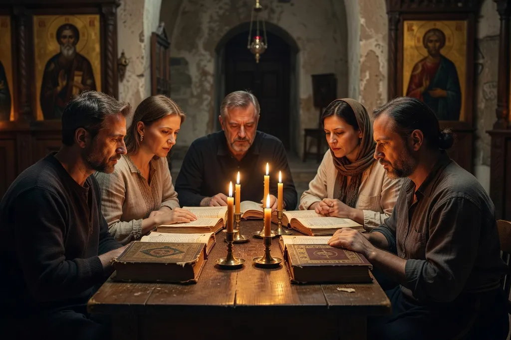 Groupe de catéchumènes adultes autour d'une table avec des livres liturgiques et des cierges, cadre intime
