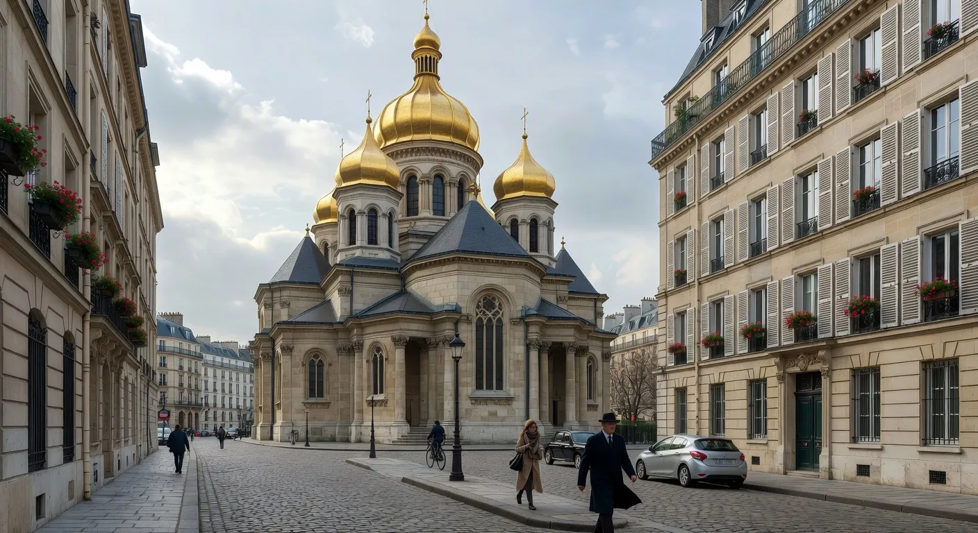 Facade de la cathedrale Saint-Alexandre-Nevsky rue Daru a Paris avec ses cinq bulbes dores
