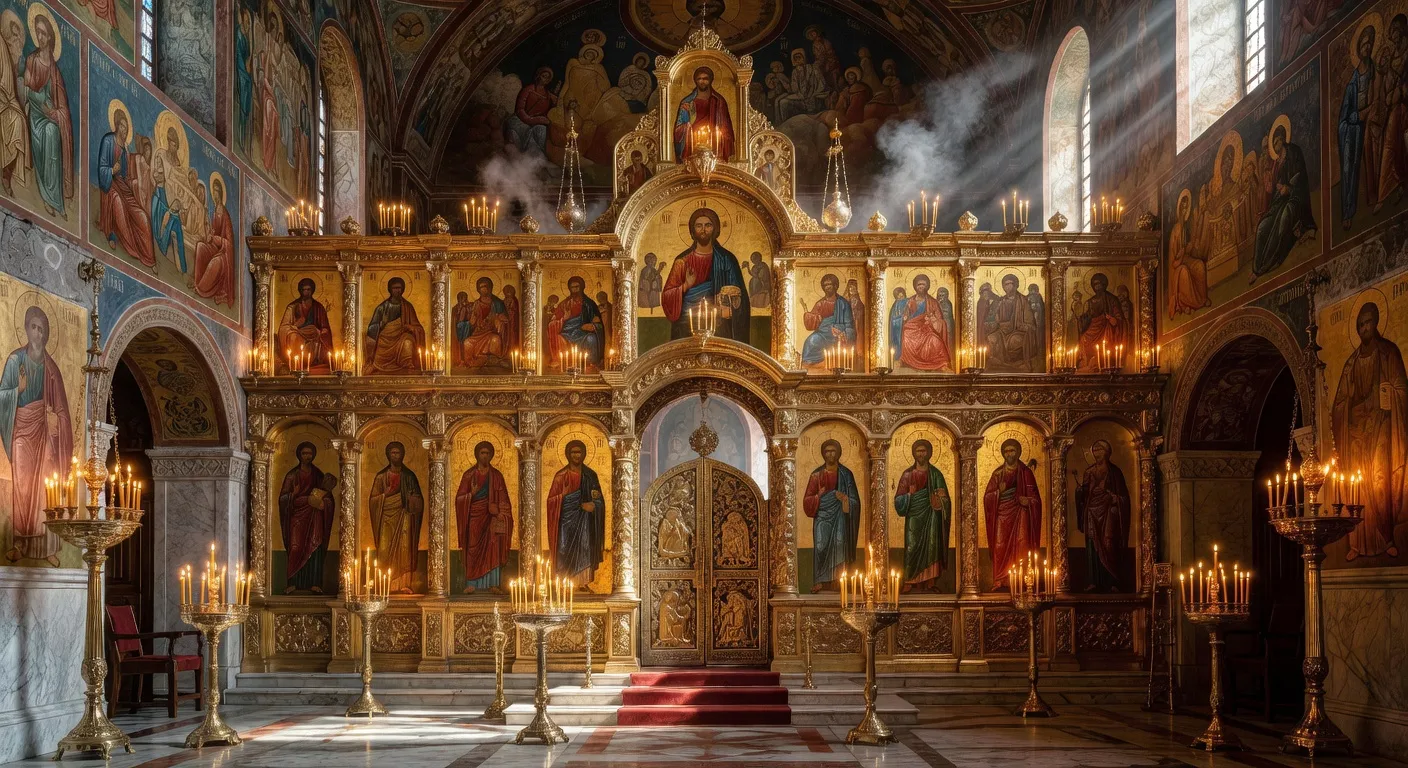 Cathedrale Sainte-Sophie de Kiev avec ses coupoles dorees et vertes sous un ciel clair