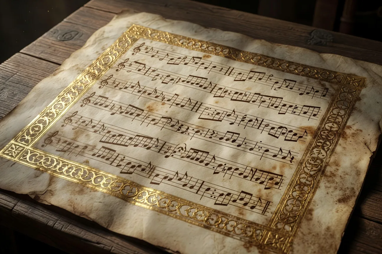 Manuscrit ancien de notation neumatique byzantine avec enluminures et neumes rouges et noirs