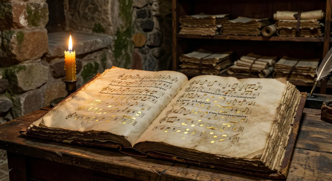Manuscrit ancien de notation neumatique byzantine avec encre rouge et noire
