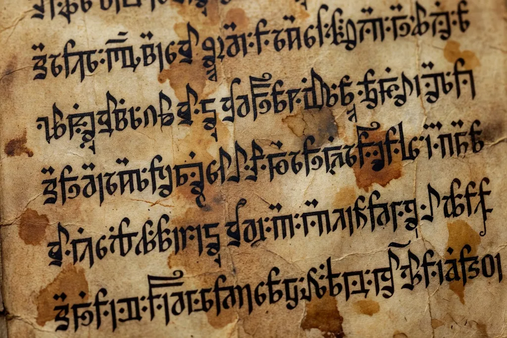 Chantre orthodoxe russe devant un vieux livre de chant liturgique en notation znamenny, cierges et icônes en arrière-plan