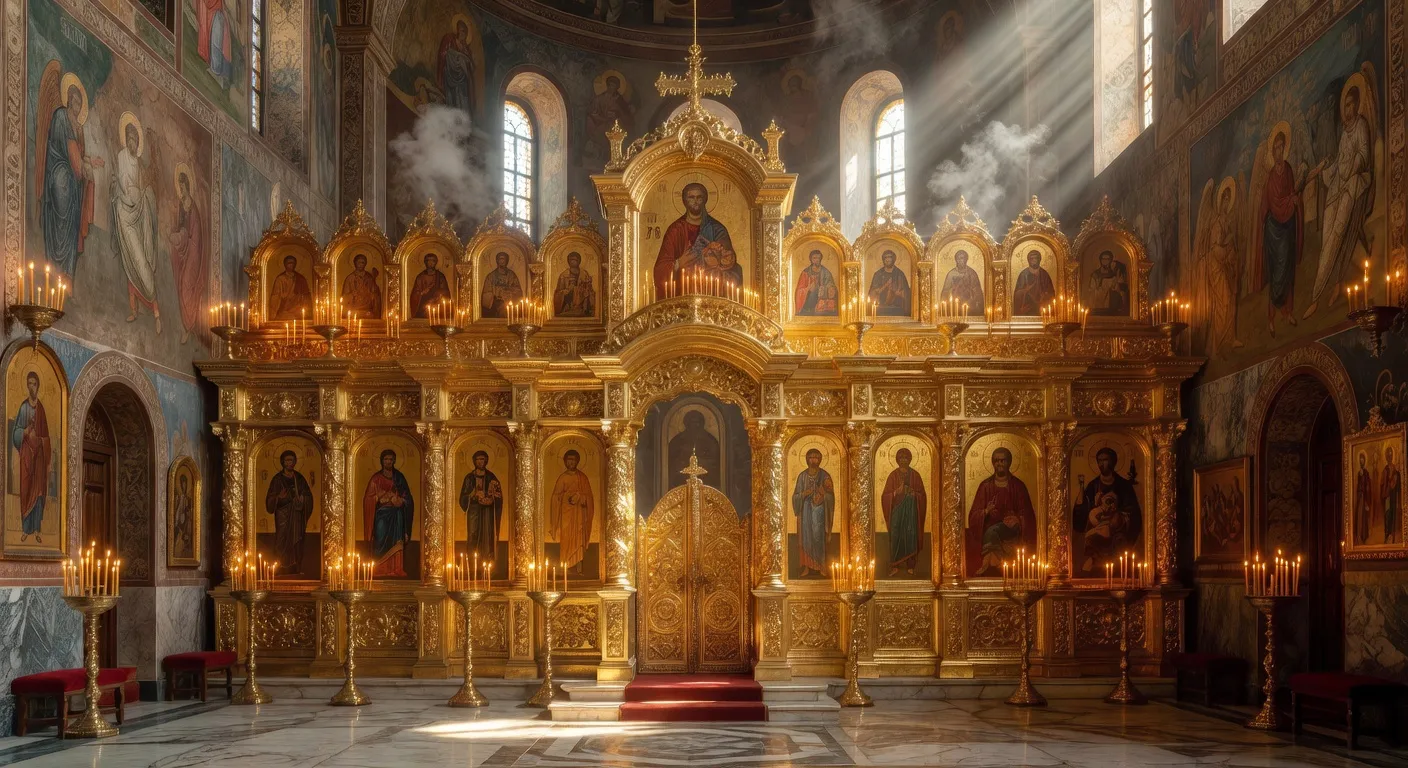 Chantres byzantins en vetements liturgiques chantant devant un pupitre dans une eglise orthodoxe