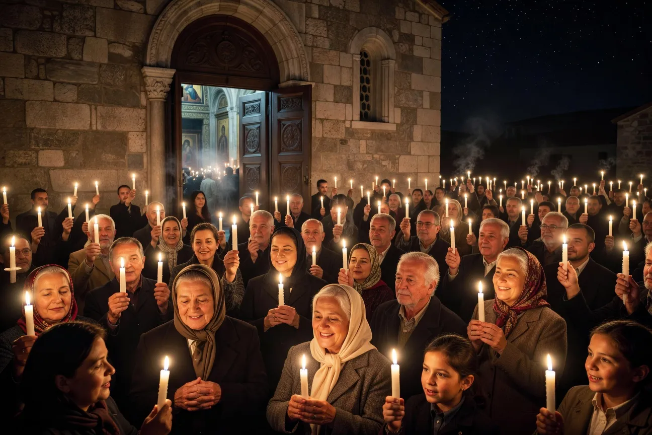 Bougies allumées pour Christos Anesti lors de la messe de Pâques en Grèce
