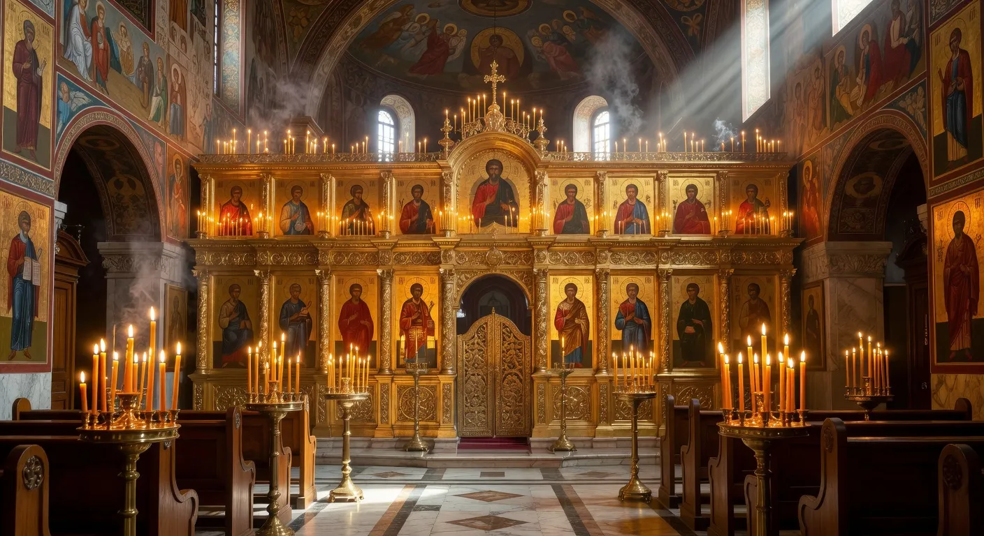 Coin de priere orthodoxe domestique avec icones du Christ et de la Vierge, veilleuse et encens