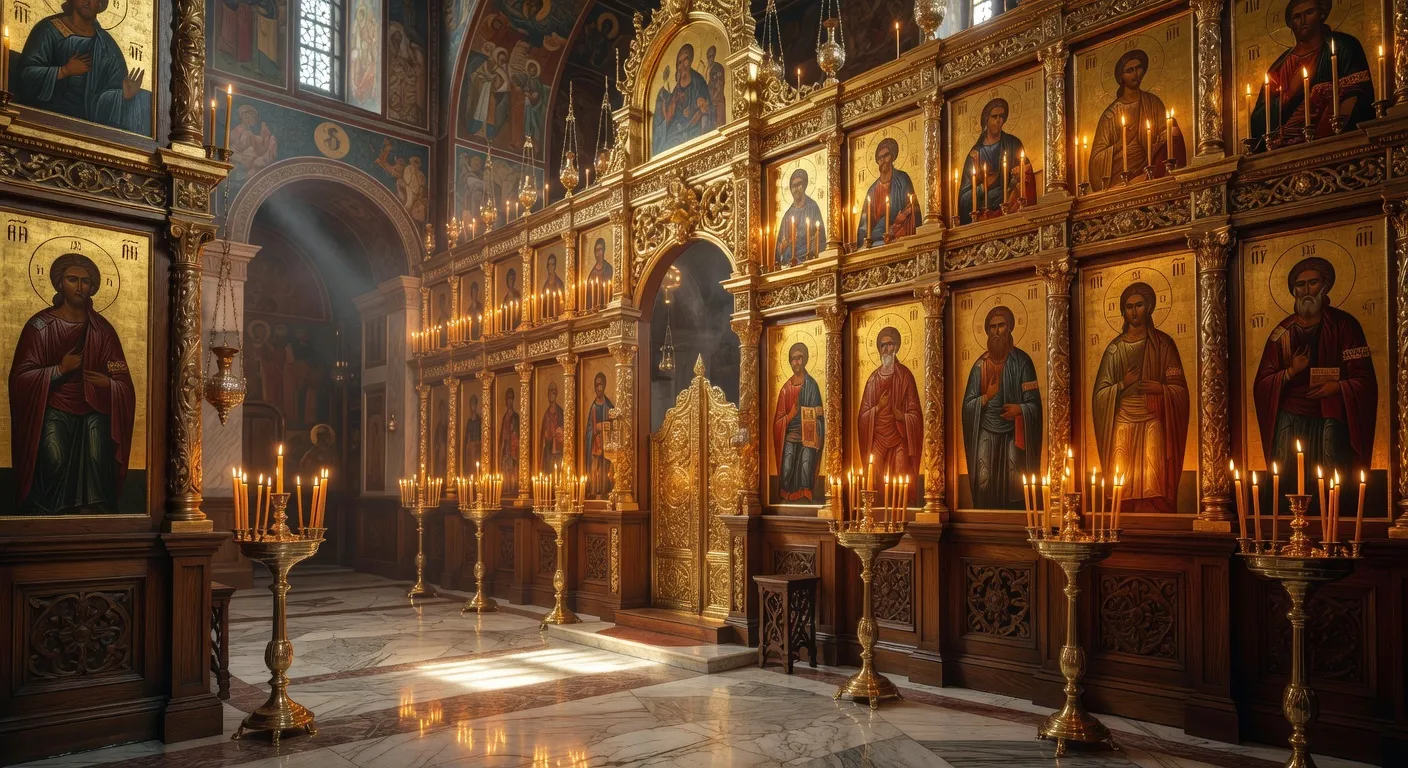 Icone representant le premier concile de Nicee en 325 avec les Peres conciliaires et l'empereur Constantin