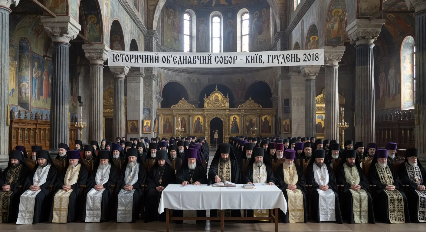 Interieur de la cathedrale Sainte-Sophie de Kiev lors du Concile d'unification de decembre 2018 avec clerge et delegues