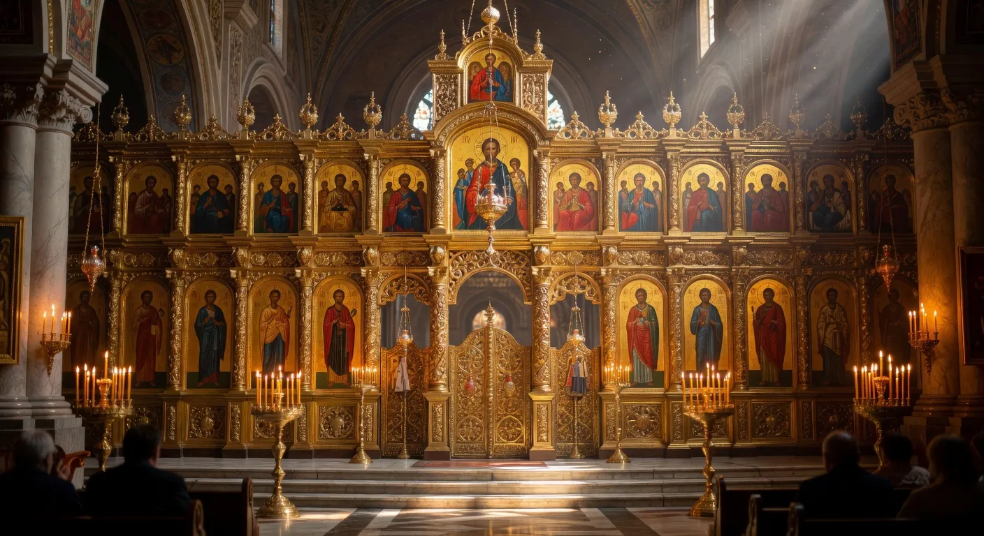 Pretre orthodoxe posant l'etole sur la tete d'un fidele devant une icone du Christ lors de la confession