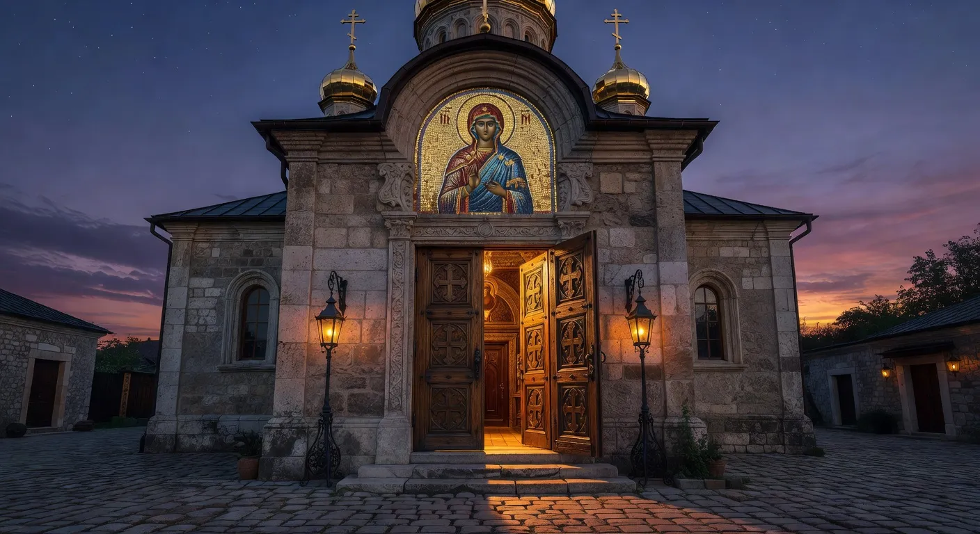 Bureau avec plume, encrier et manuscrit sur un fond d'eglise orthodoxe