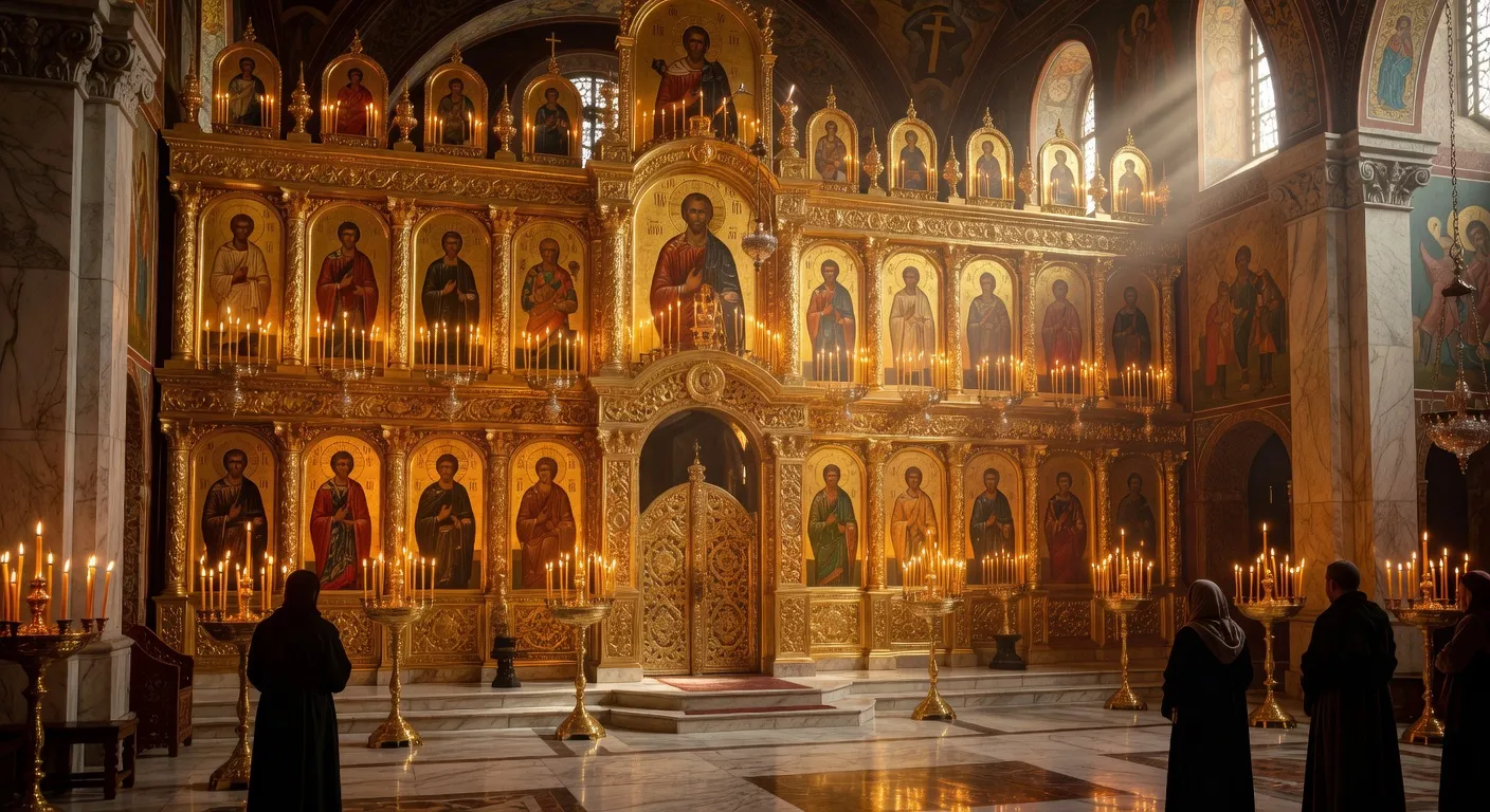 Coupoles dorees en forme de bulbe d'une cathedrale orthodoxe russe se decoupant contre le ciel