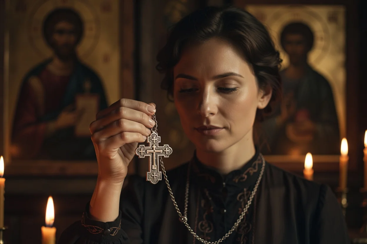 Croix orthodoxe pectorale en argent tenue dans une main, gravures détaillées visibles