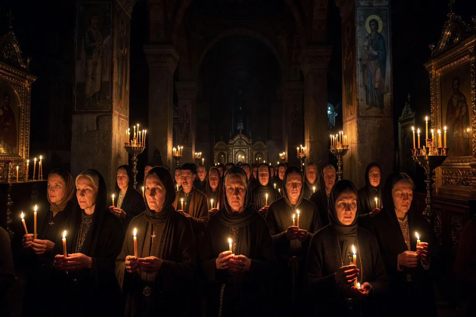 Procession de la Lumière Sainte la nuit de Pâques orthodoxe avec cierges allumés
