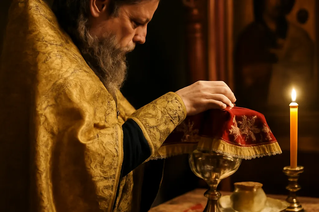 Prêtre orthodoxe célébrant la Divine Liturgie devant l'autel, vêtements liturgiques, calice et patène