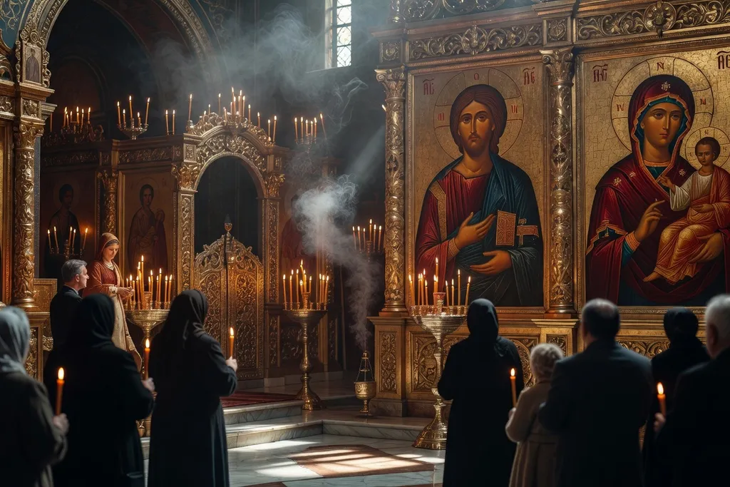 Intérieur d'église orthodoxe pendant la Divine Liturgie, fidèles et iconostase, cierges et encens