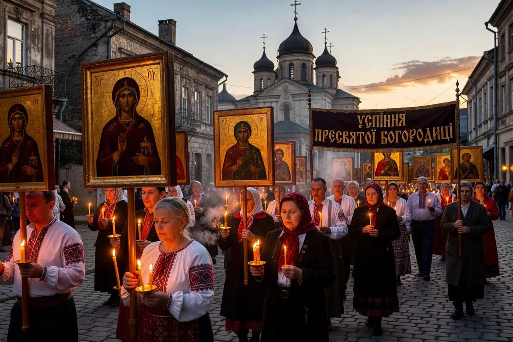 Procession religieuse orthodoxe ukrainienne pour la Dormition en août, fidèles avec cierges et icônes dans les rues