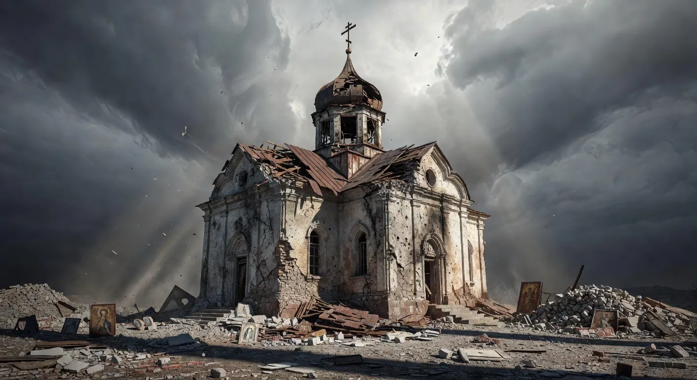 Eglise orthodoxe ukrainienne endommagee par un bombardement avec toiture effondree et coupole intacte