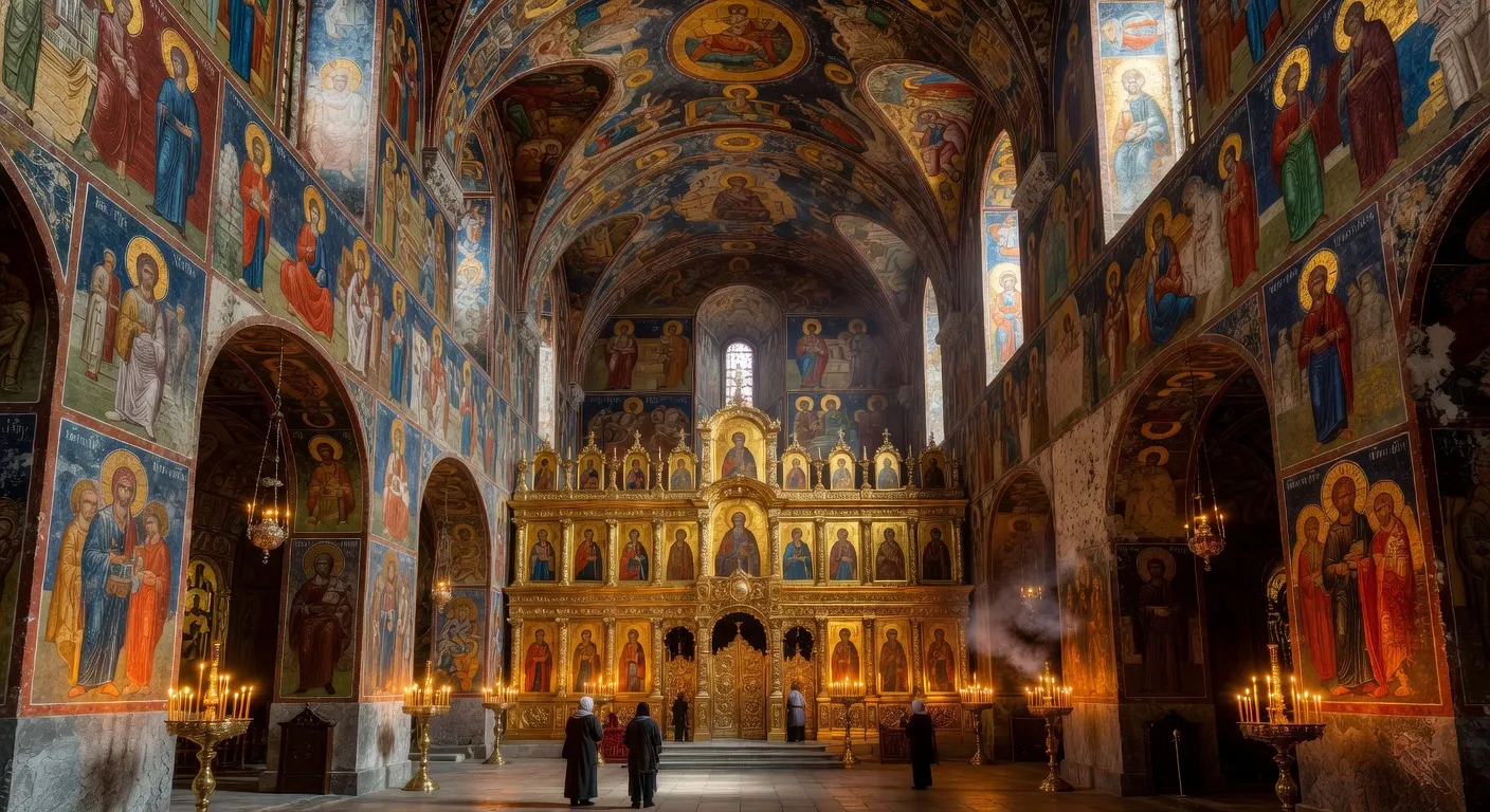 Interieur de la cathedrale de la Dormition du Kremlin avec fresques et iconostase doree
