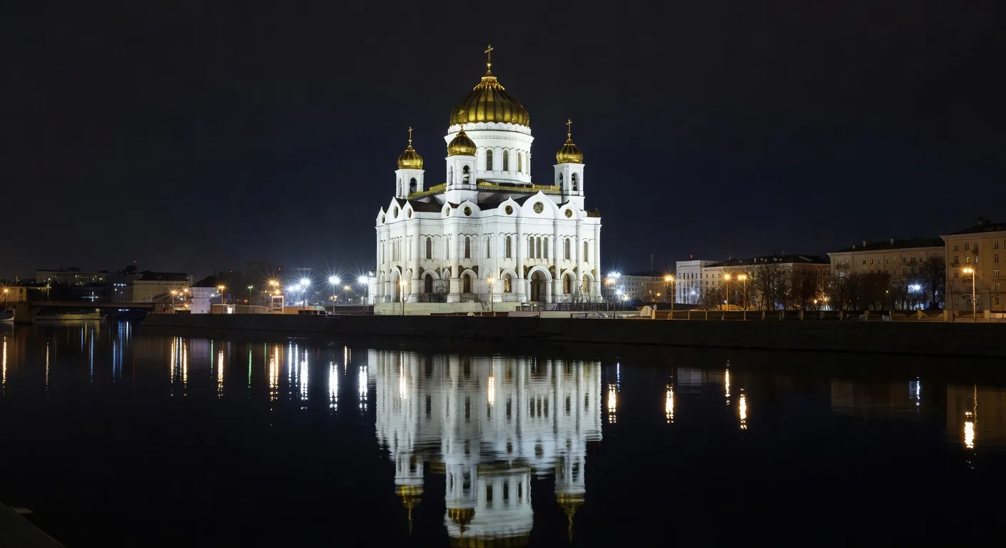 Cathedrale du Christ-Sauveur de Moscou illuminee la nuit avec reflets sur la Moskova