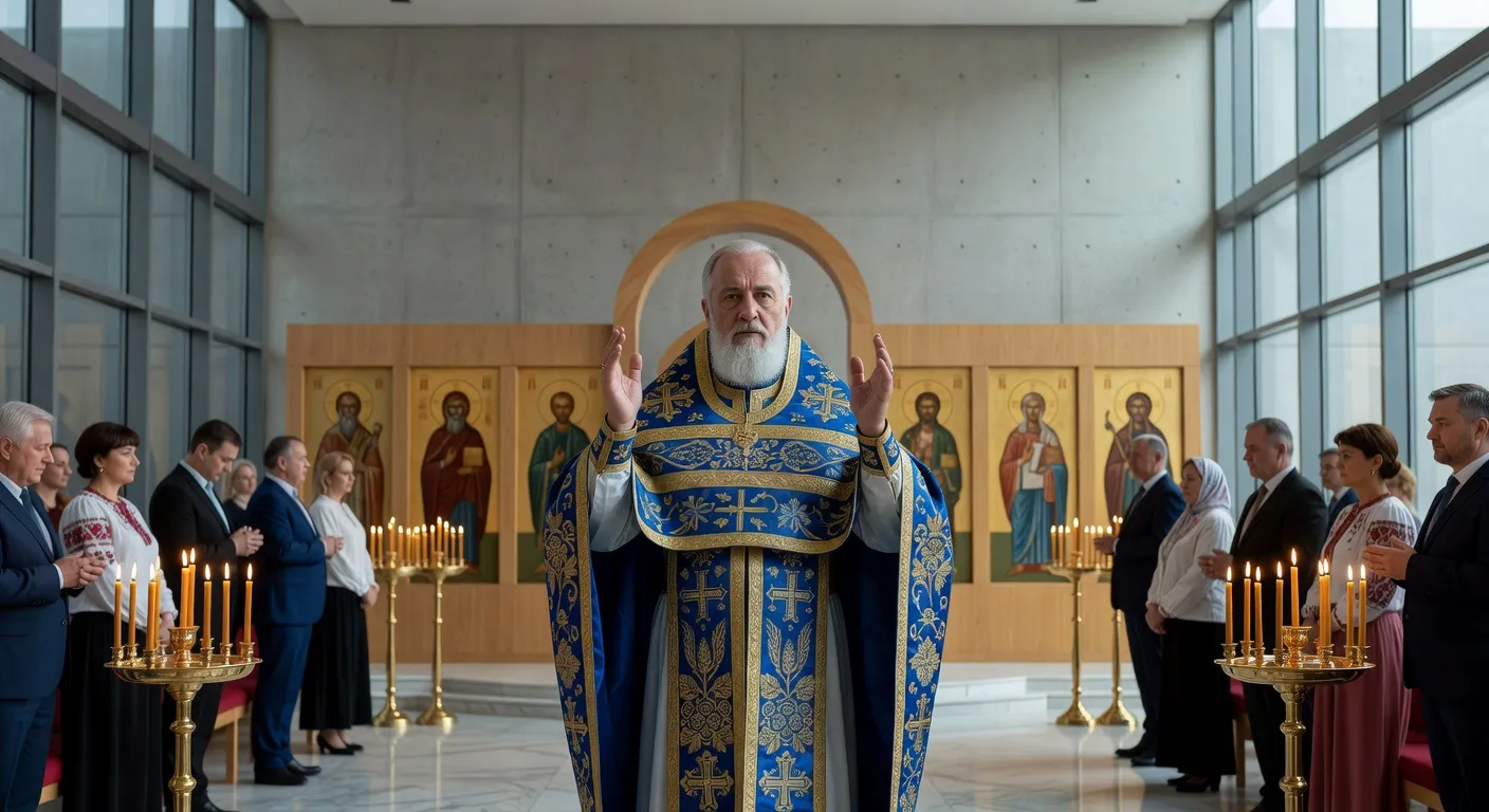 Liturgie de l'Eglise orthodoxe d'Ukraine avec le metropolite Epiphane en vetements dores dans une cathedrale