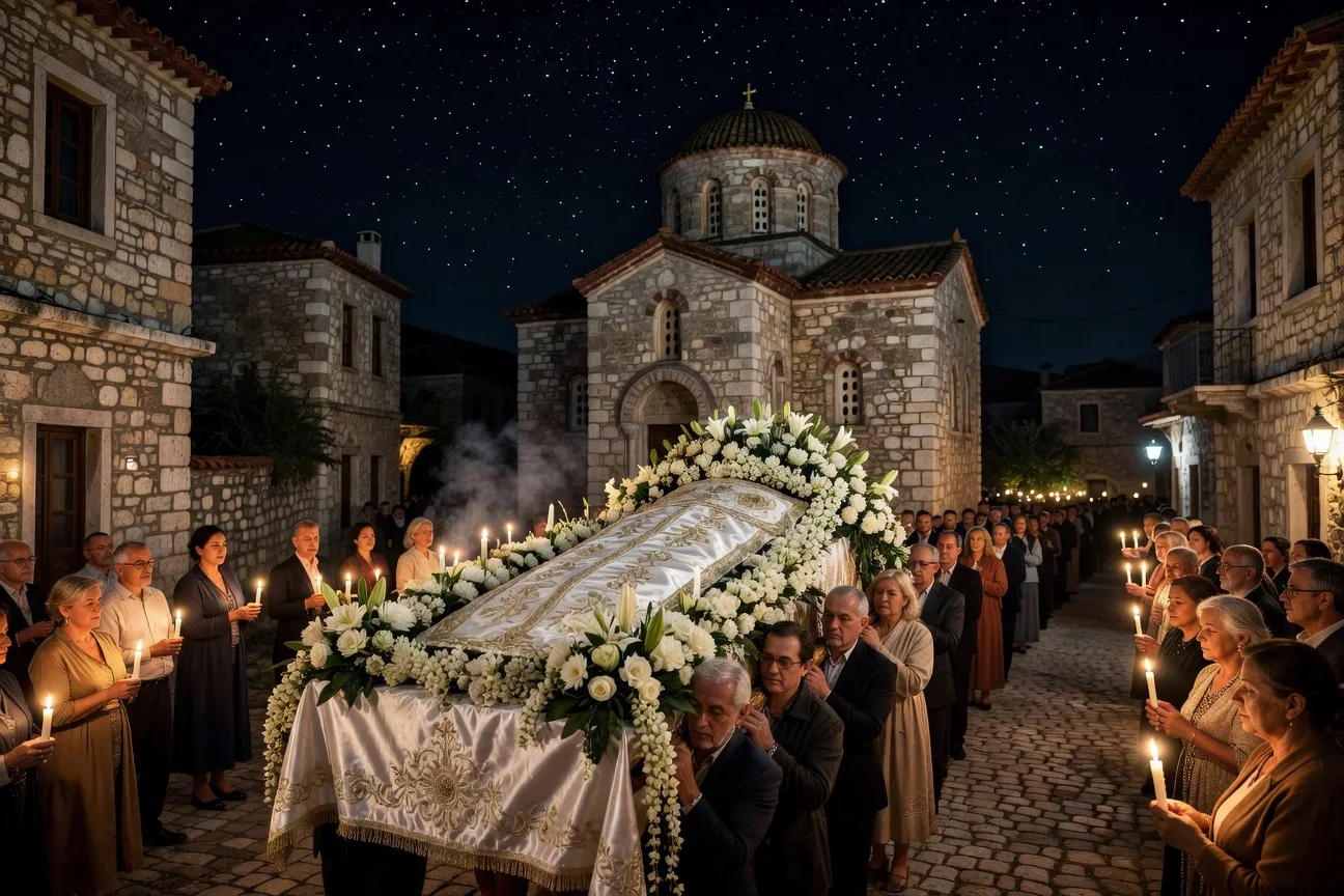 Épitaphios grec orné de fleurs blanches porté en procession nocturne