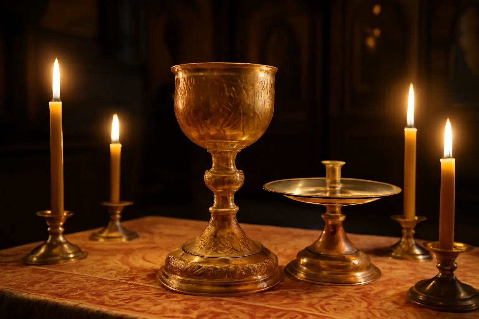 Calice et patène liturgiques orthodoxes préparés sur l'autel avant la communion