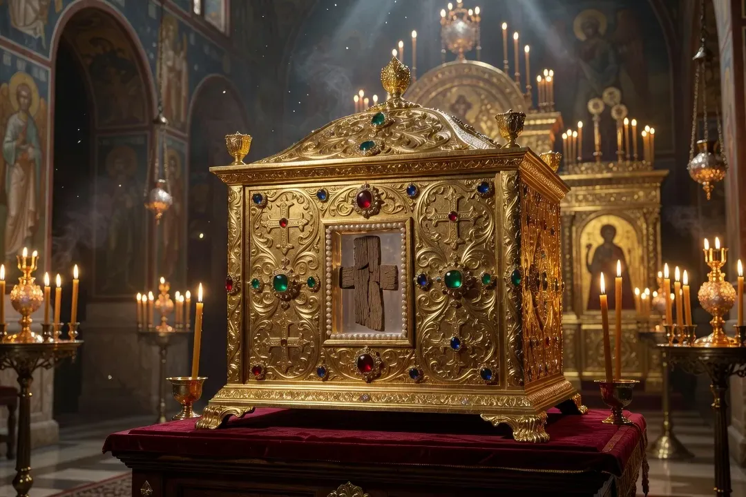 Reliquaire d'or serti de pierres précieuses exposant un fragment de la Vraie Croix, à la lueur des cierges dans une église orthodoxe