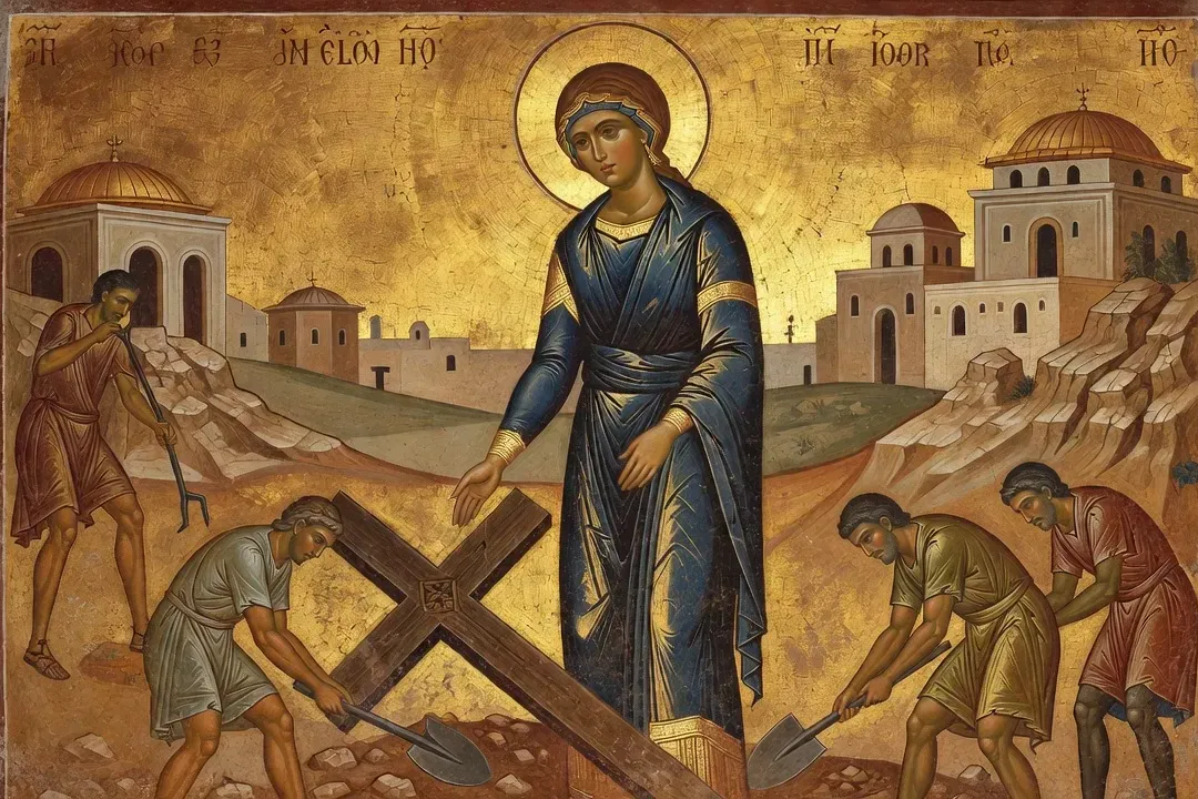 Fresque byzantine de l'Exaltation de la Croix : la Vierge debout sur l'ambon présente la Croix, des ouvriers dégageant le Golgotha