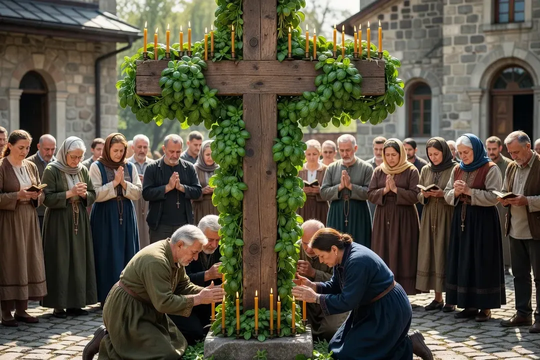 Brins de basilic frais déposés au pied d'une croix paroissiale ornée de fleurs