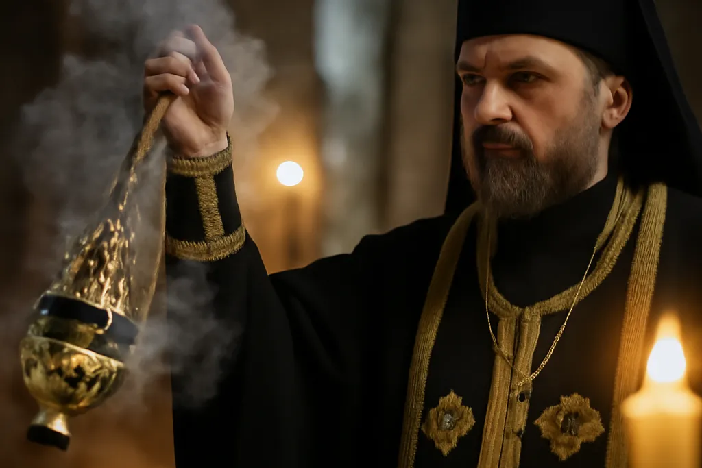 Cérémonie funéraire orthodoxe dans une église avec cierges allumés et icônes