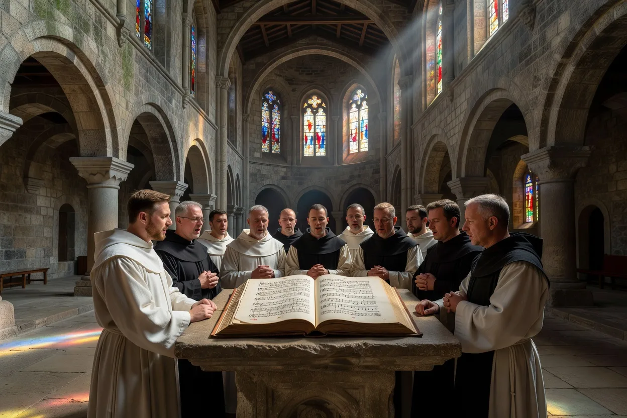 Moines chantant le chant gregorien depuis un antiphonaire ancien dans une abbaye occidentale